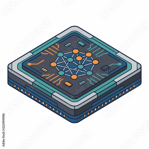 Isometric Circuit Board with Connected Nodes.