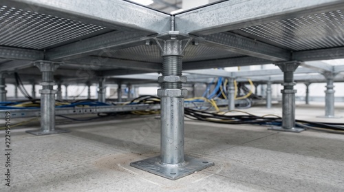 Raised access computer floor with adjustable steel pedestals, jack supports, and cable management in a modern commercial server room or data center interior. Maximize space efficiency and airflow for 