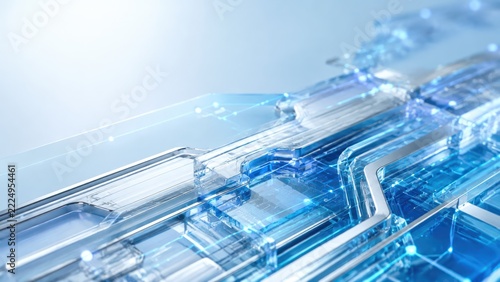 Abstract digital circuit board with glowing blue lines and connections, representing technology and innovation