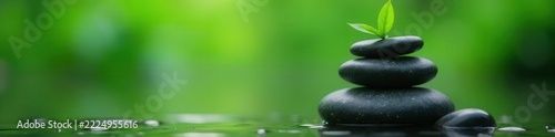 Dark gray stones stacked, bamboo leaf atop, rippling water, blurred green background, gray, serenity