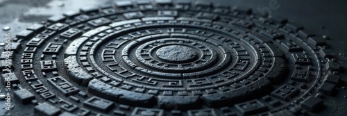Deep black zen stone, intricate circular grain patterns , power, still life