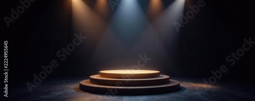 Dark stage, central gold-lit podium, dramatic lighting, concept, design, gold