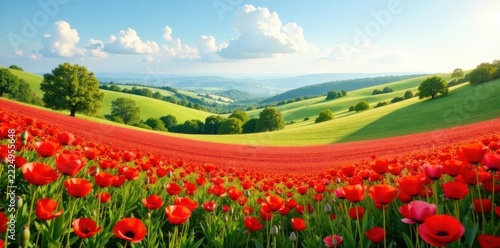 Earthy hues, rolling hills, vibrant poppy field , meditative, red flowers