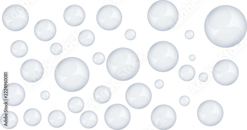 Water bubbles, liquid drops with clear, shiny, glossy, transparent effects. Soap spheres, circle elements with different sizes. Realistic aqua droplet, clean air orb. Vector graphic set