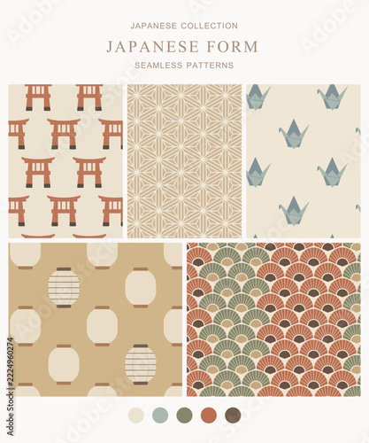 Japanese-inspired seamless pattern backgrounds featuring torii gates, kumiko wood lattice, origami cranes, andon lanterns, and folding fans. Ideal for wallpaper, fabric, stationery, and modern interio