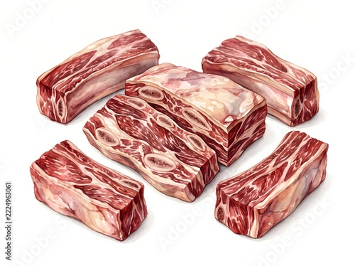 Raw Beef Ribs Cuts Watercolor Painting