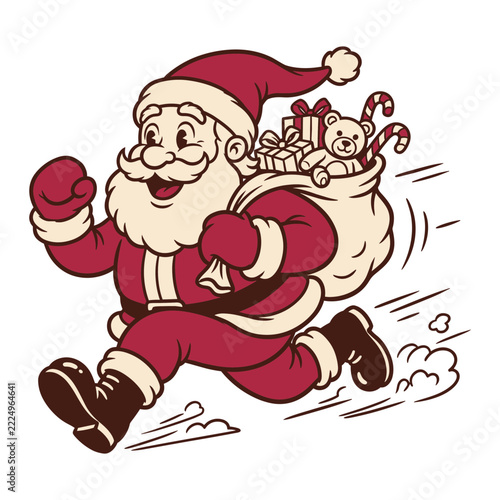 Santa Claus running with a sack of toys and gifts during Christmas  