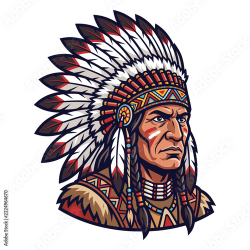 Native American chief wearing a feather headdress in profile view  