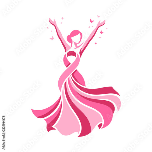 Pink ribbon woman dancing with joy and butterflies in a celebratory pose  