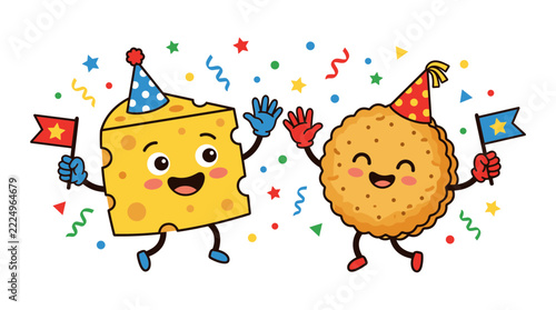 Cartoon cheese wedge and cracker characters celebrating with party hats  