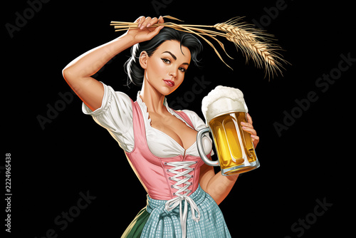 Illustration of woman in dirndl holding beer mug and wheat sheaf, Oktoberfest concept