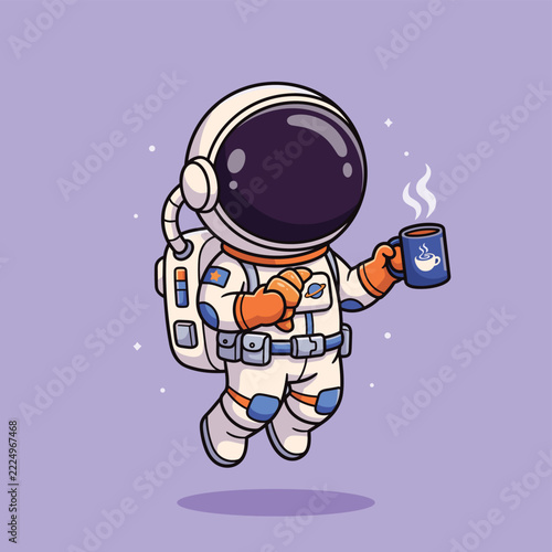 Cute astronaut character eating croissant and drinking coffee in space