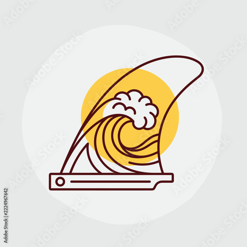 Surfboard fin icon with ocean wave and sun circle minimalist shape