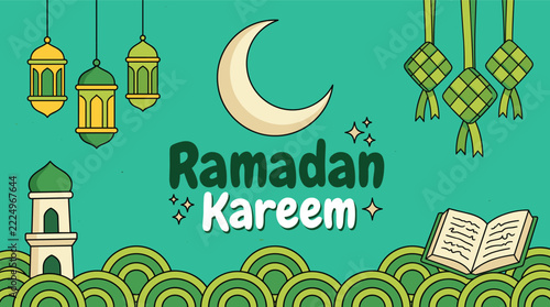Islamic celebration card with crescent moon lanterns and festive decor