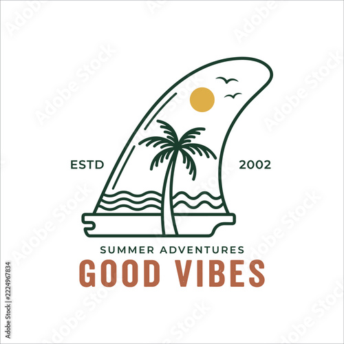 Tropical surf emblem featuring surfboard fin with palm tree and ocean