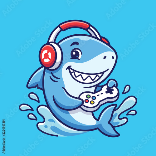 Happy blue shark mascot wearing modern headphones playing video games