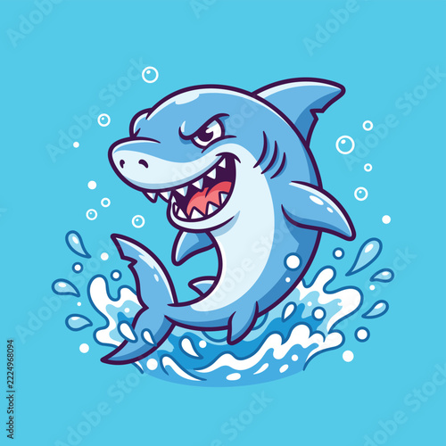 Cartoon shark jumping out of ocean water with a splash effect