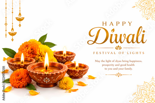 Happy Diwali greeting card design with burning clay diyas, marigold flowers, and festival of lights message on white