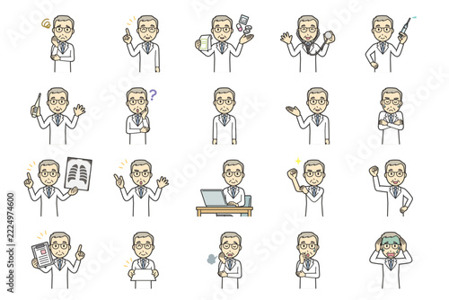 Set of 20 upper body poses of a senior male doctor in a white coat, facial expressions for icons and avatars, cute vector illustration