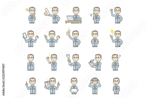 Set of 20 upper body poses of a middle-aged man in work clothes, facial expressions for icons and avatars, cute vector illustration