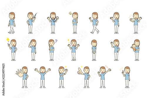 Set of 20 poses of a young woman in medical scrubs, full body, walking, running and various gestures, cute vector illustration