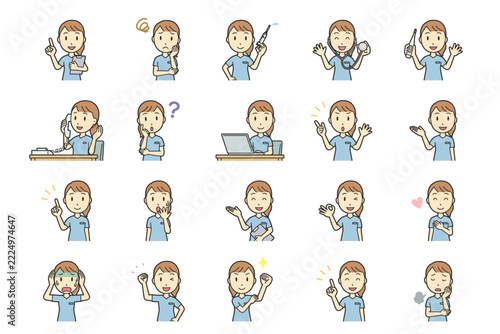 Set of 20 upper body poses of a young woman in medical scrubs, facial expressions for icons and avatars, cute vector illustration