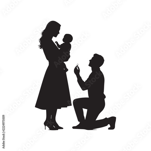 Silhouette Of Man Proposing To Woman Holding Baby With Ring Vector Design.