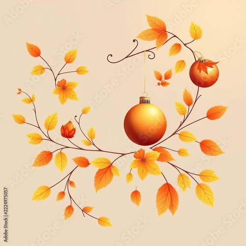 Delicate floral design on a vector illustration featuring ornaments and leaves in shades of orange and yellow, symbolizing the start of autumn, ||vector, design