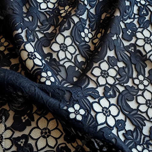 Delicate black lace fabric with intricate floral patterns woven throughout, elegant, mysterious