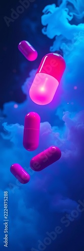 Glowing pills suspended in mid-air amidst swirling clouds of blue mist, medicine, space