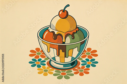Retro 1970s Isometric Ice Cream Sundae Pop Art Vector