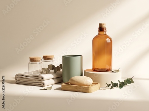 Natural skincare products with amber bottle and eucalyptus on beige ba