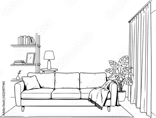 Sofa vector line art illustration featuring comfortable