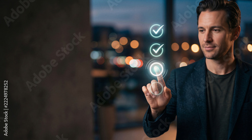 Businessman touching glowing checklist and checkmark icons on virtual screen for project management