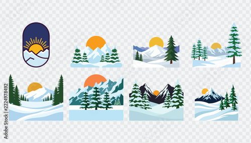Winter landscape sticker collection with snowy mountains pine forests and radiant suns.