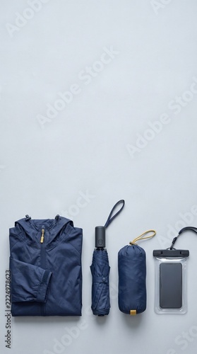 Minimalist navy blue travel set with umbrella and foldable tote bag
