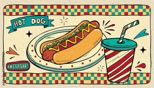 A vintage style illustration of a hot dog and a drink.