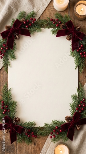 christmas frame with fir branches and decorations, writable paper greeting card story template