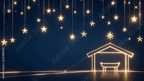 Delicate Trail of Warm Light Draws a Nativity Shelter Beneath Twinkling Gold Stars in a Modern Holiday Design