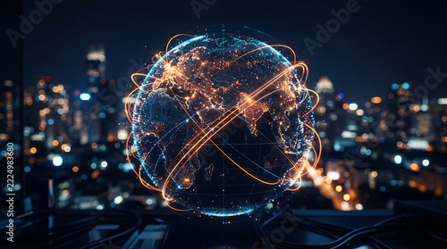 Global network connected through glowing lines around earth globe above night city with connectivity