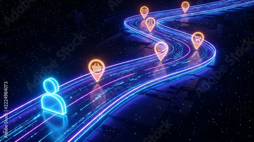 Glowing futuristic path with location markers and user avatar in a digital space