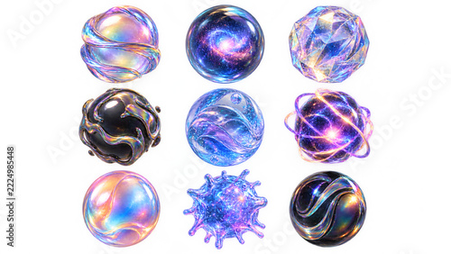 Collection of Levitating Colorful Iridescent Orbs, Abstract 3D Spheres with Holographic Rainbow Reflections, Floating Glossy Balls