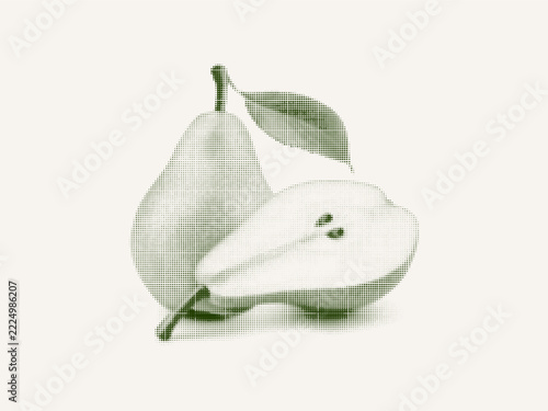 Halftone illustration of a green pear with a stem and leaf on a light neutral background fresh produce design