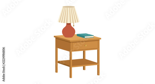 Wooden nightstand with a table lamp and book on top