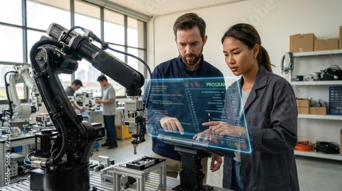 Two engineers collaborating on a futuristic holographic interface, with a robotic arm and advanced technology in the background. The interface displays intricate data and schematics.