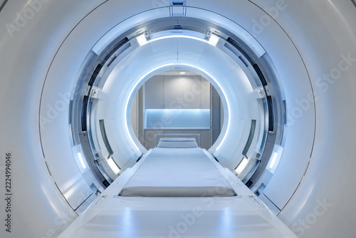 Unbranded MRI equipment showing mri bore close-up inside in a modern hospital radiology installation environment with no people. Medical technology image created with Generative AI.