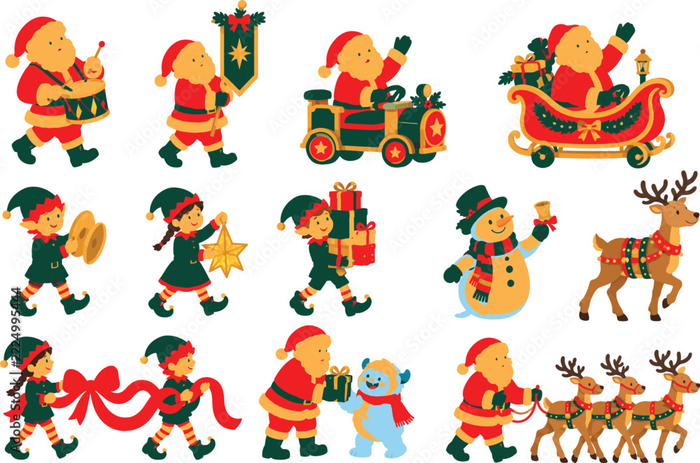 Fototapeta premium Festive christmas characters and elements in a colorful vector illustration