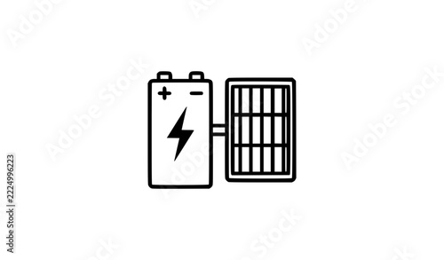 Solar Energy Storage Battery with Sun and Panel Line Art Vector Icon