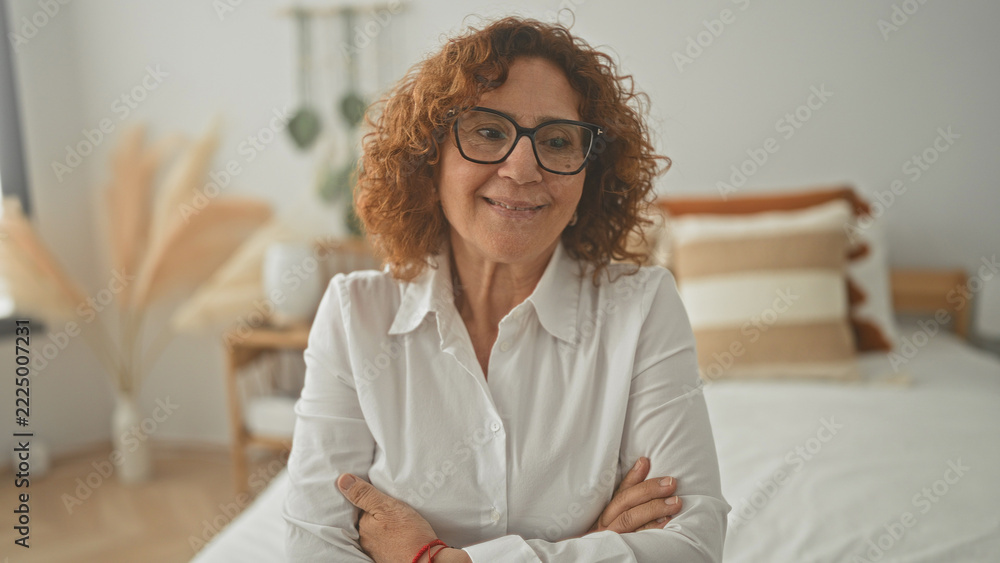 © Krakenimages.com - Woman in white shirt on bed with arms crossed inside a bedroom of a residential building wearing glasses and curly hair; serenity reflection.