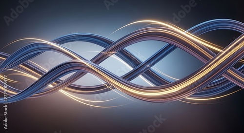 Abstract flowing waves of glowing blue and gold light lines